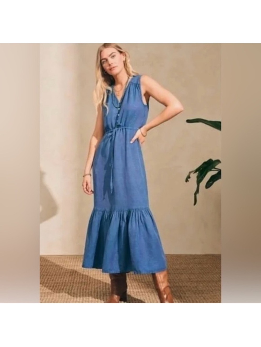 Faherty Ojai Tencel Denim Linen Midi Dress NWT